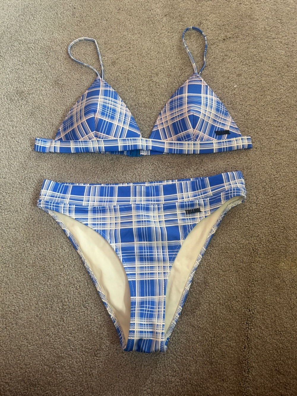 triangl blue and white plaid bikini set